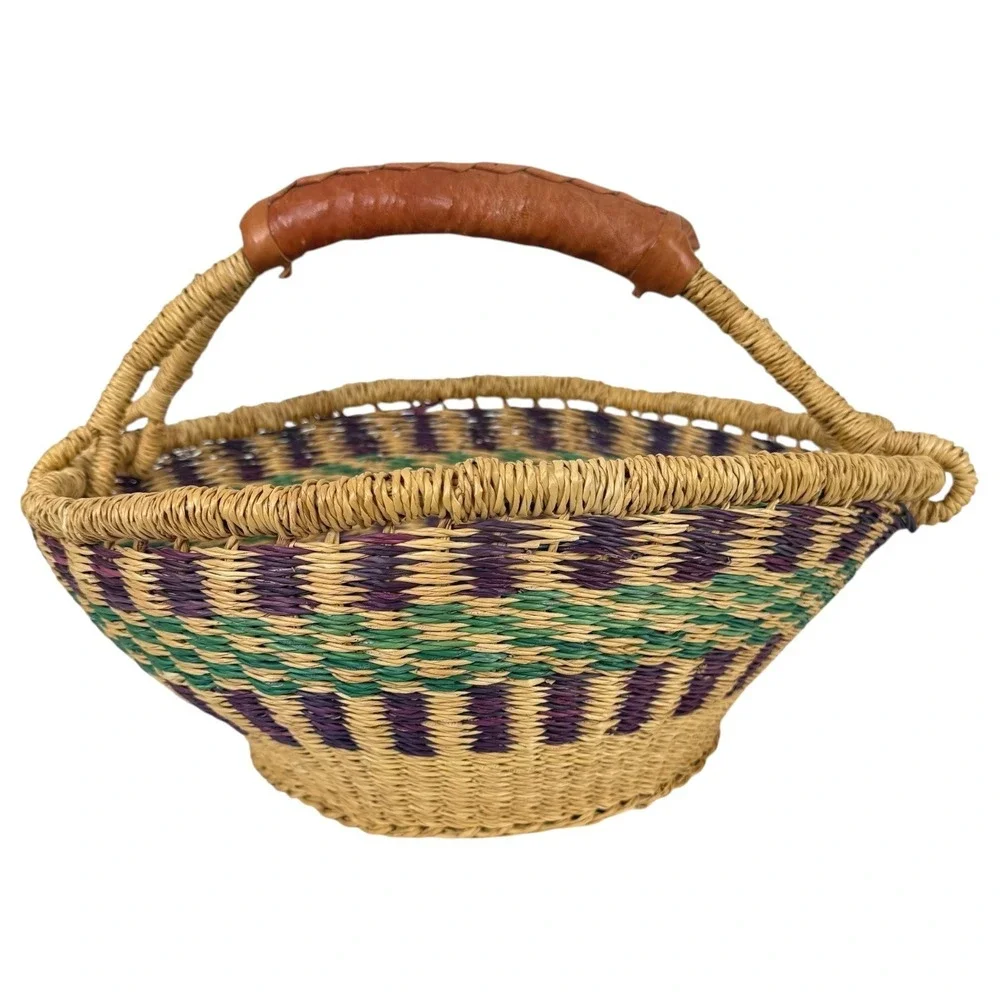African Bolga Market Basket Handwoven Ghana Tote Leather Handle Large 12